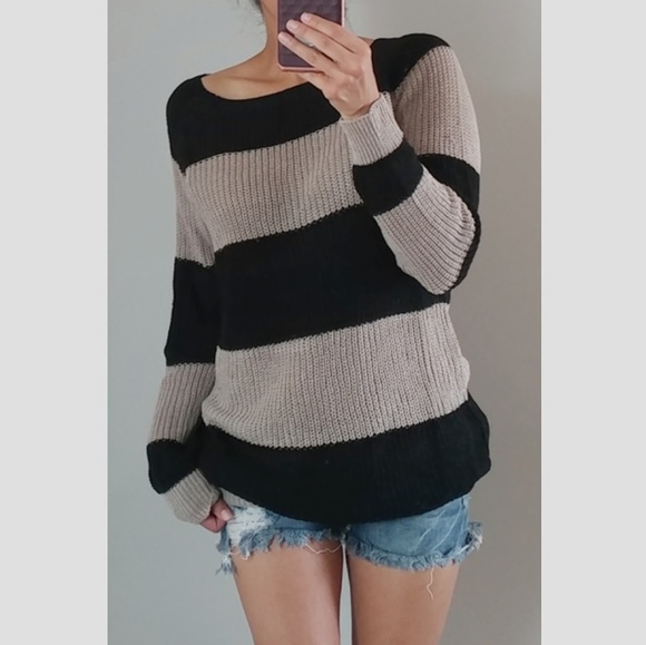 NWT Chunky Cable Knit Sweater Black and Tan Stripe - Picture 2 of 3